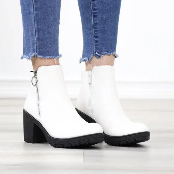 White Ankle Boots Chunky Lug Block Heel Synthetic Leather Round Toe - Picture 2 of 12